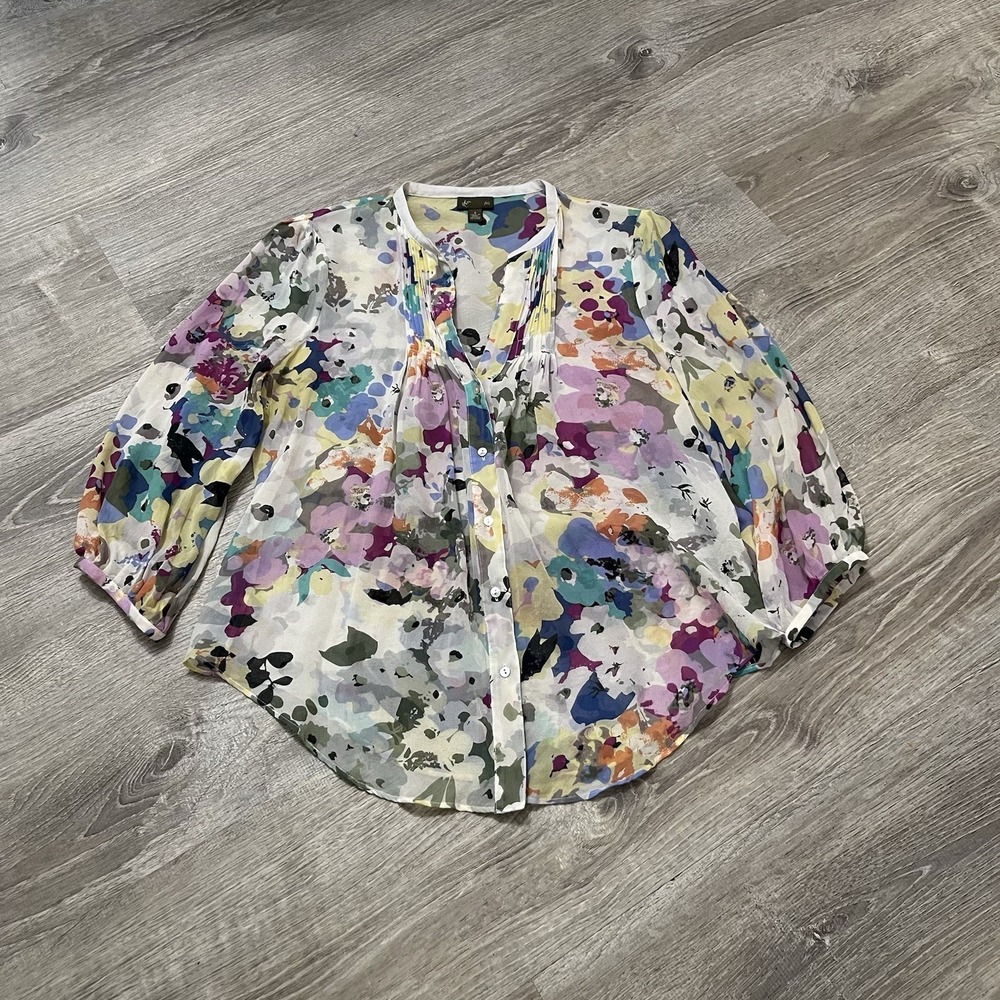Anthropologie Fei 100% Silk Blouse Floral Size 4 Career